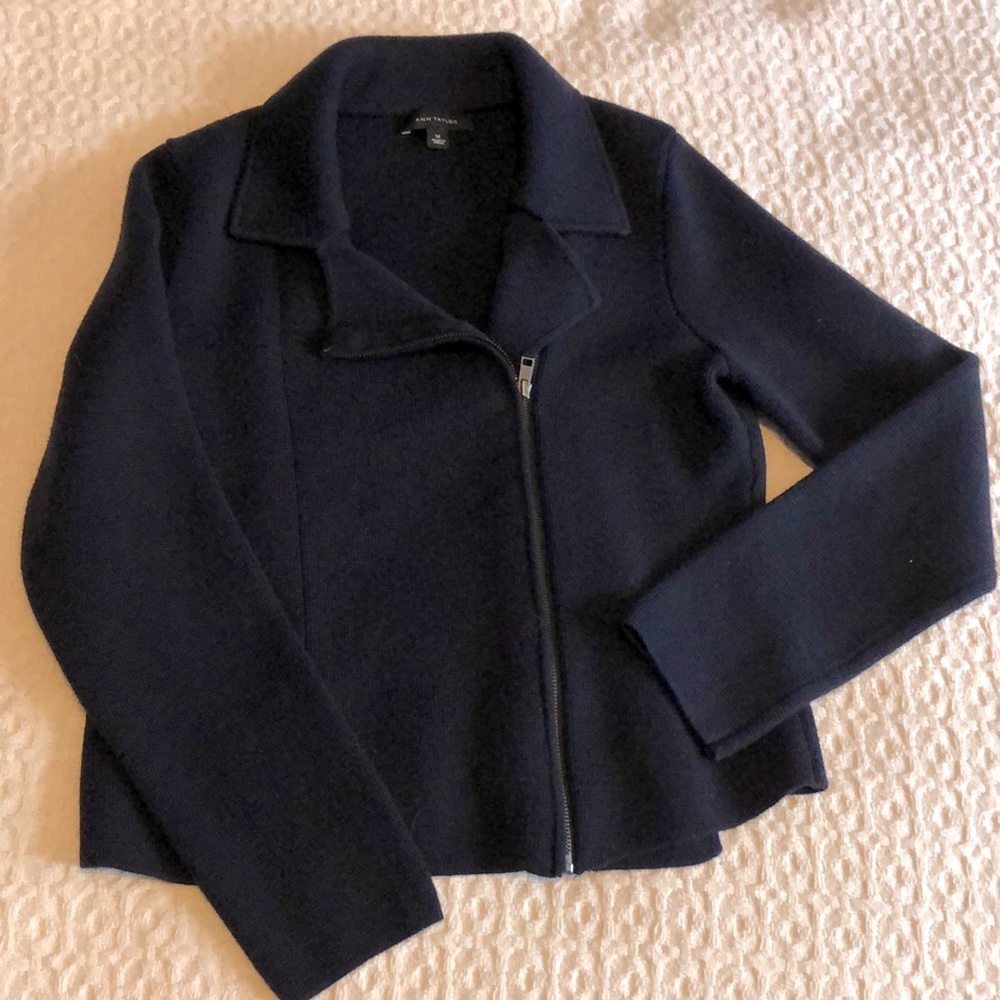 Navy Ann Taylor M zip up moto-style Sweater/jacket